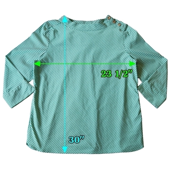 Chico's Green White Diagonal Stripe 3/4 Sleeve Top Shoulder Buttons Modern - Picture 2 of 7